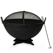 Ash & Ember 32" Hemisphere Fire Pit with Screen and Poker, Cast Iron High-Temperature Black Paint Fire Bowl, Wood Burning Backyard Fireplace, Portable Outdoor Firepit
