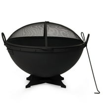 Ash & Ember 32" Hemisphere Fire Pit with Screen and Poker, Cast Iron High-Temperature Black Paint Fire Bowl, Wood Burning Backyard Fireplace, Portable Outdoor Firepit