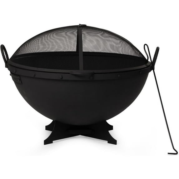 Ash & Ember 32in Hemisphere Fire Pit with Screen and Poker, Cast Iron High-Temperature Black Paint Fire Bowl, Wood Burning Backyard Fireplace, Portable Outdoor Firepit