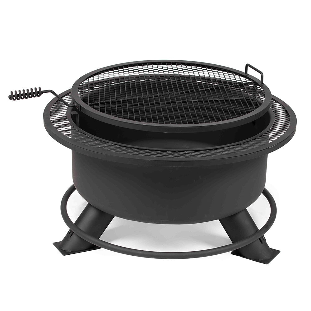 Ash & Ember 38" Round Black Steel Wood Burning Fire Pit with Swivel Cooking Grate and Poker