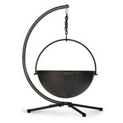 Ash & Ember 42" Cast Iron Cauldron Fire Pit Bowl with Double Hinged Grill Grate-Easy-Lift Handles & Handing Chain, Round Wood Burning Patio Fire Bowl for Backyard Patios