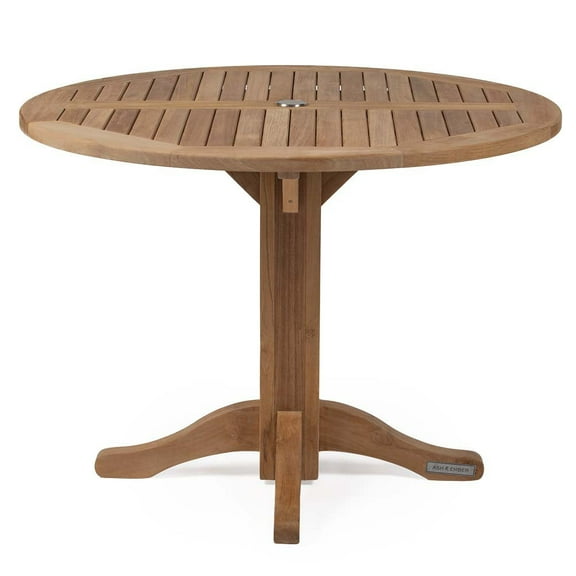 Ash & Ember Grade A Teak 42" Round Dining Table, Weather-Resistant Indoor Outdoor Bistro-Style Solid Wood Patio Furniture, Slatted Surface with Umbrella Hole, Fits 4 People Comfortably