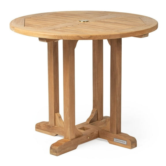 Ash & Ember Grade A Teak 35" Round Dining Table, Indoor Outdoor Solid Wood Patio or Porch Dining, Slatted Surface, Fits 3 People Comfortably, Weather-Resistant Furniture, Umbrella Hole