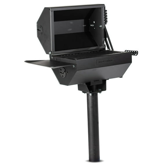 Ash & Ember Park-Style Grill/Smoker, 260 Sq. In Charcoal Grill with Cover, 17.5" x 11.5" Grate, Side Shelf for Food Prep & Accessories, Single Post Permanent Park-Style Grill for Outdoor Backyard BBQ