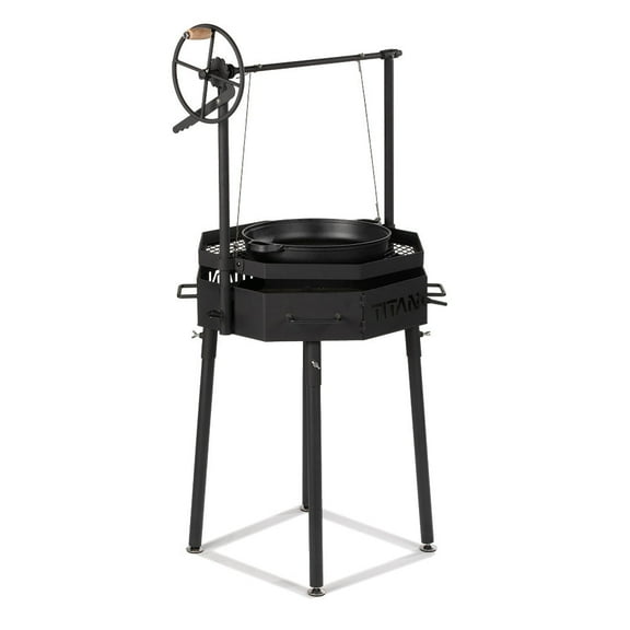 Ash & Ember Santa Maria Grill, Argentine Style Open Fire Grill, Adjustable Cooking Grate with Flywheel, BBQ Grill Comes with Cast Iron Skillet
