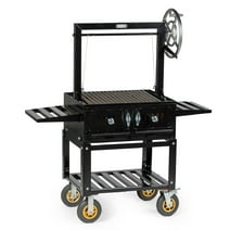 Ash & Ember Santa Maria Grill, Steel Wood & Charcoal Argentine Grill, Flywheel for Adjustable Grate Height, BBQ Grill with Ceramic Brick Lining, V-Grates & Grease Trap, Bottom & Side Shelves