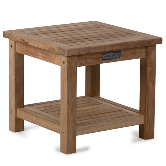 Ash & Ember Sierra Grade A Teak End Table with Lower Shelf, 18" Tall Outdoor Hand-Sanded Accent Table