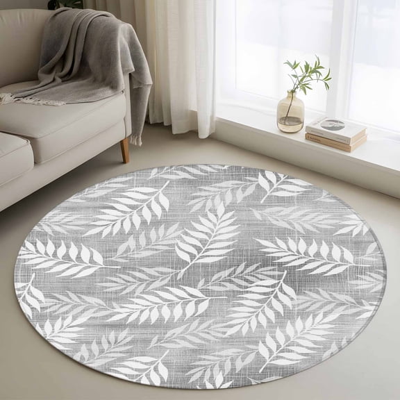 Ash Fronds 3FT Round Area Rugs for Living Room Gray Silver Slate Leaf Plant Canvas Weave Texture Ultra-Thin Non-Slip Round Rugs Machine Washable Low Pile Circle Carpet for Bedroom Kitchen Nursery