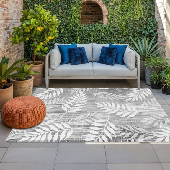 Ash Fronds Indoor Outdoor Rugs 3x5 Ft, Gray Silver Slate Leaf Plant Canvas Weave Texture Outdoor Patio Rugs Mat Washable Outside Area Rugs Carpet for Porch Deck RV Camping Pool Balcony Backyard