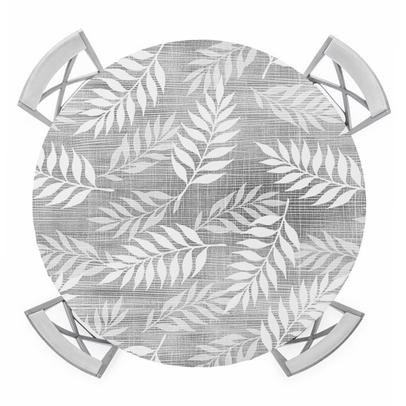 Ash Fronds Round Table Cover, Gray Silver Slate Leaf Plant Canvas Weave Texture Waterproof Fitted Tablecloths for 36"-44" Tables, Washable Picnic Table Cover for Camping Dining Indoor Outdoor