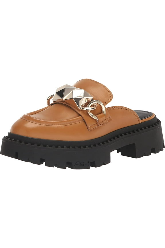 Genius Brown Slip On Gold Chain Platform Lug Sole Mules Slide Loafers (Brown, 11)