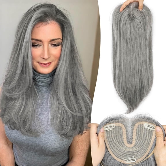 Ash Gray 18 Inch Synthetic Hair Topper with Wispy Bangs