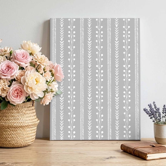 Ash Gray Canvas Wall Art, Rustic Vertical Dashed Lines Shabby Chic Leaf Cottagecore Pictures Wall Decor Wooden Framed Artwork Art Prints for Living Room Hallway Bedroom Office 8"x12"