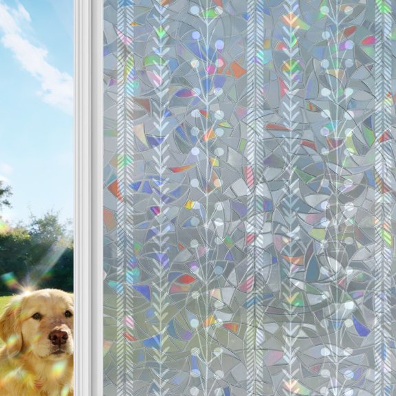 Ash Gray Rainbow Window Privacy Film, Rustic Vertical Dashed Lines Shabby Chic Leaf Cottagecore Stained Glass Window Film, Sun Blocking Glass Clings Non Adhesive Door Stickers 17.7 x 39.3 Inches