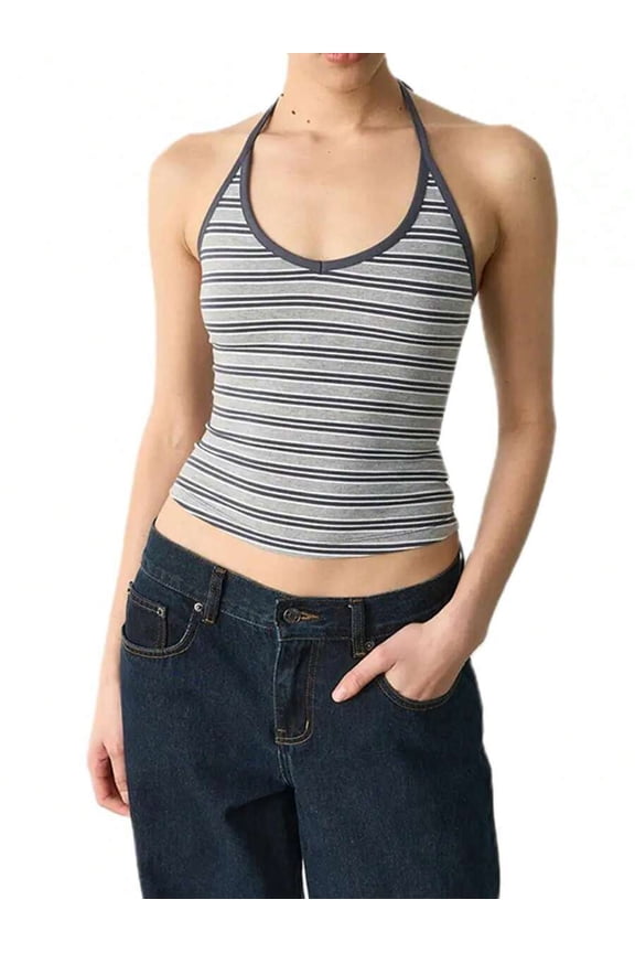 Ash Gray Striped Halter Crop Top Ribbed Knit Sleeveless Fitted Tank