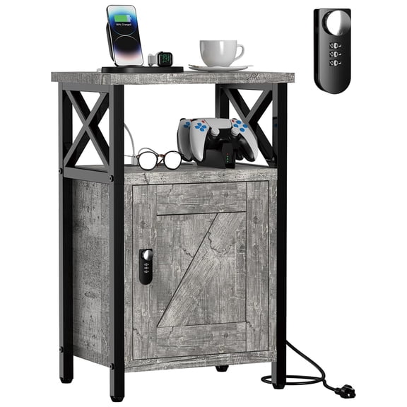 Ash Gray Wooden Door Nightstand With Lock, Charging Station, 3 USB Ports, 2 Outlets, Storage Cabinet End Table For Bedroom