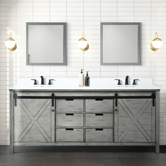 Ash Grey Double Bath Vanity 80 In. W X 22 D With White Quartz - Solid Wood Frame, Soft Close Scratch & Stain Surface Ample Storage Shelves