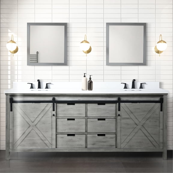 Ash Grey Double Vanity with Quartz Countertop / 84 in. Width, Soft - Close Design