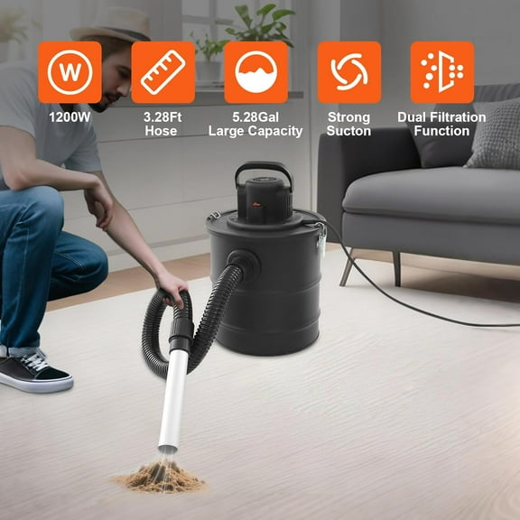 Ash Vacuum for Pellet Stoves & Fireplaces - 1200W Powerful Ash Vacuum Cleaner with Washable Filter, 18KPa Suction for Wood Stove, BBQ & Cold Ashes