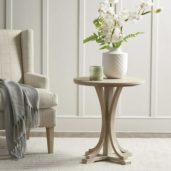 Ash Veneer Accent Table, Solid Wood Legs In Reclaimed Wheat, 21" Diameter X 24" Height, Living Room Decor Wheat Legs, 21"x24", , Ideal For