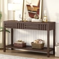 thumbnail image 1 of Ash Veneer Modern Console Table with Storage Solutions, Narrow Design, Double Drawers & Bottom Shelf, Mid-Century Minimalist Style, Perfect for Entryway or Living Room, Brown Finish, 1 of 8