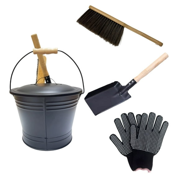 Ash With Lid 2 Gallon Metal Fireplace Cleaning Set with Handle Shovel Brush Ash Can for Stove Grill Fire Stoves 4 Piece Kit