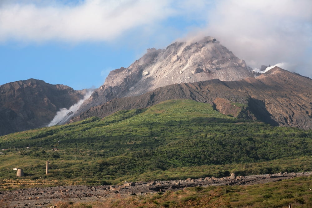 Ash and gas rising from lava dome of Soufriere Hills volcano Montserrat Caribbean Canvas Art - Richard RoscoeStocktrek Images (35 x 23)