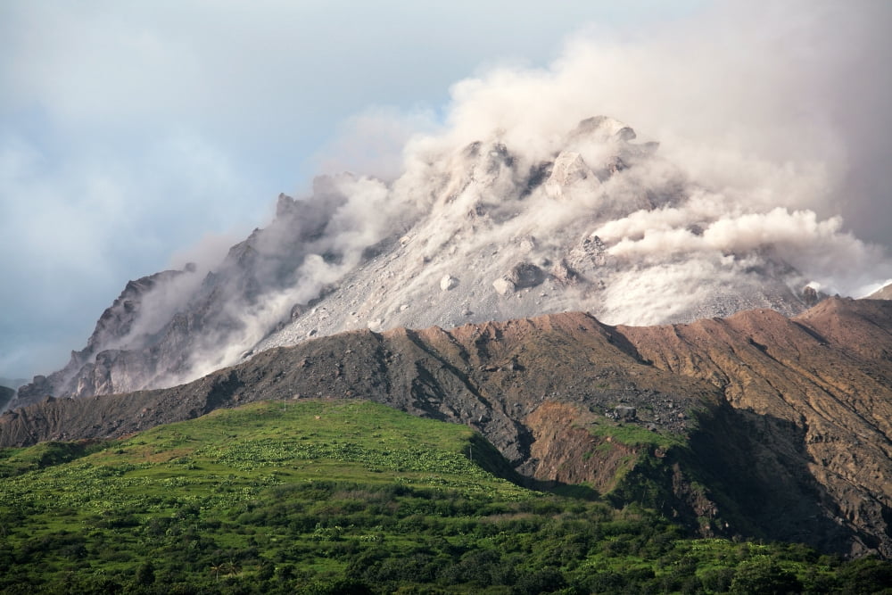 Ash and gas rising from lava dome of Soufriere Hills volcano Montserrat Caribbean Canvas Art - Richard RoscoeStocktrek Images (35 x 23)