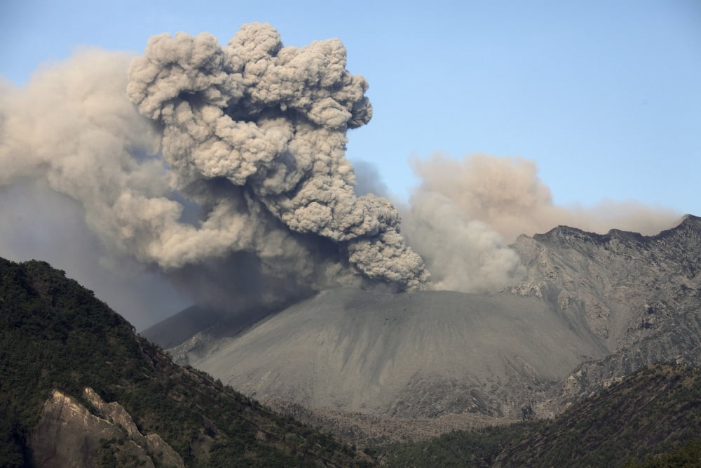 Ash cloud eruption from Sakurajima volcano Japan Canvas Art - Richard RoscoeStocktrek Images (18 x 12)