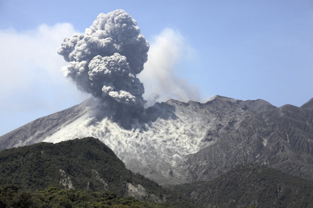 Ash cloud eruption from Sakurajima volcano Japan Canvas Art - Richard RoscoeStocktrek Images (18 x 12)