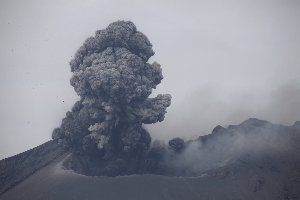 Ash cloud eruption from Sakurajima volcano Japan Canvas Art - Richard RoscoeStocktrek Images (18 x 12)