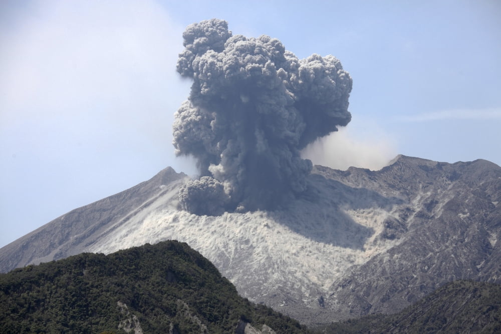 Ash cloud eruption from Sakurajima volcano Japan Canvas Art - Richard RoscoeStocktrek Images (18 x 12)