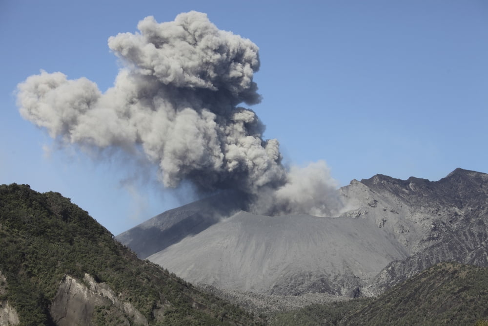 Ash cloud eruption from Sakurajima volcano Japan Canvas Art - Richard RoscoeStocktrek Images (35 x 23)