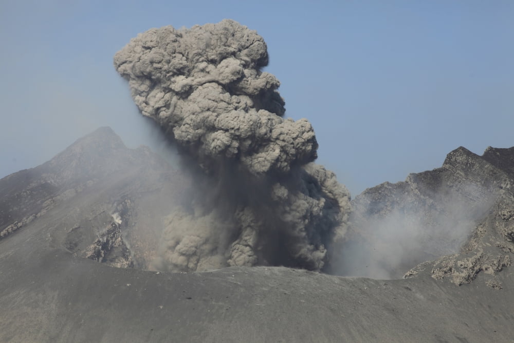 Ash cloud eruption from Sakurajima volcano Japan Canvas Art - Richard RoscoeStocktrek Images (35 x 23)