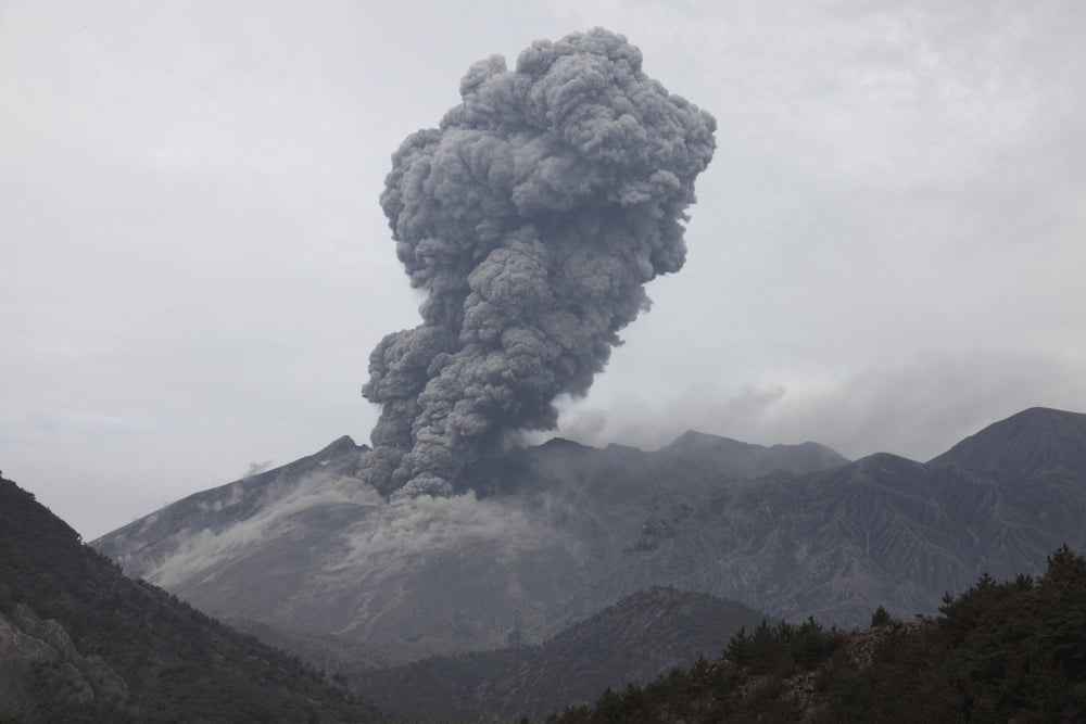 Ash cloud eruption from Sakurajima volcano Japan Canvas Art - Richard RoscoeStocktrek Images (35 x 23)
