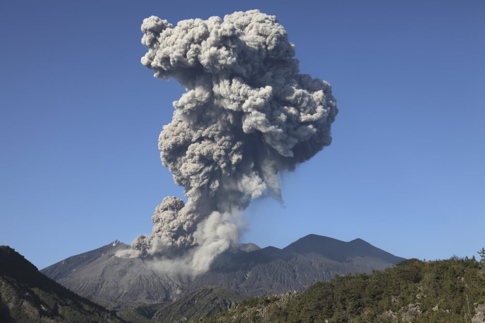 Ash cloud following explosive Vulcanian eruption Sakurajima Volcano Japan Canvas Art - Richard RoscoeStocktrek Images (35 x 23)