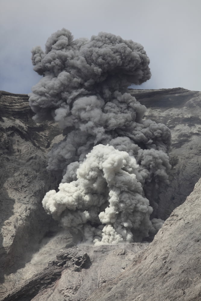 Ash cloud rises from crater of Batu Tara volcano Indonesia Canvas Art - Richard RoscoeStocktrek Images (23 x 35)