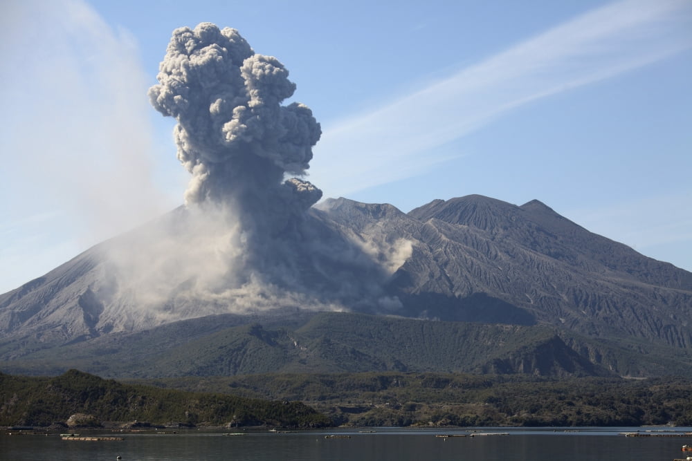 Ash cloud rising from Sakurajima volcano Japan Canvas Art - Richard RoscoeStocktrek Images (18 x 12)