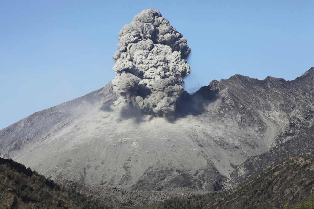 Ash cloud rising from Sakurajima volcano Japan Canvas Art - Richard RoscoeStocktrek Images (35 x 23)