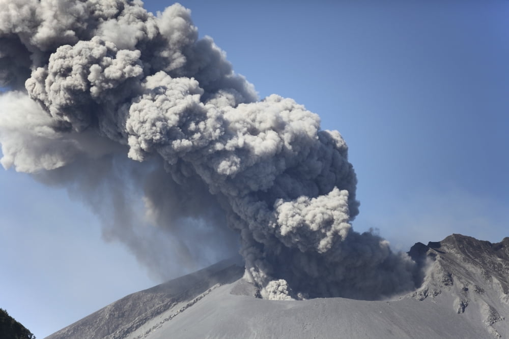 Ash cloud rising from Sakurajima volcano Japan Canvas Art - Richard RoscoeStocktrek Images (35 x 23)