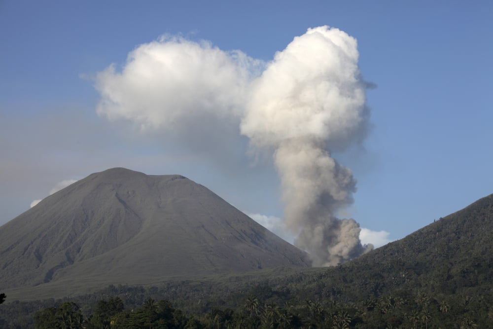 Ash cloud rising from Tompaluan crater at Lokon-Empung volcano Canvas Art - Richard RoscoeStocktrek Images (18 x 12)