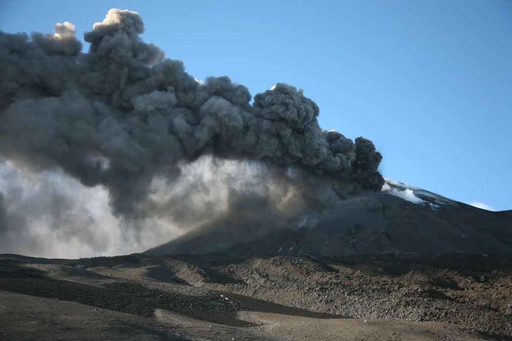 Ash clouds erupting from crater during eruption of Mount Etna volcano Sicily Italy Canvas Art - Richard RoscoeStocktrek Images (35 x 23)