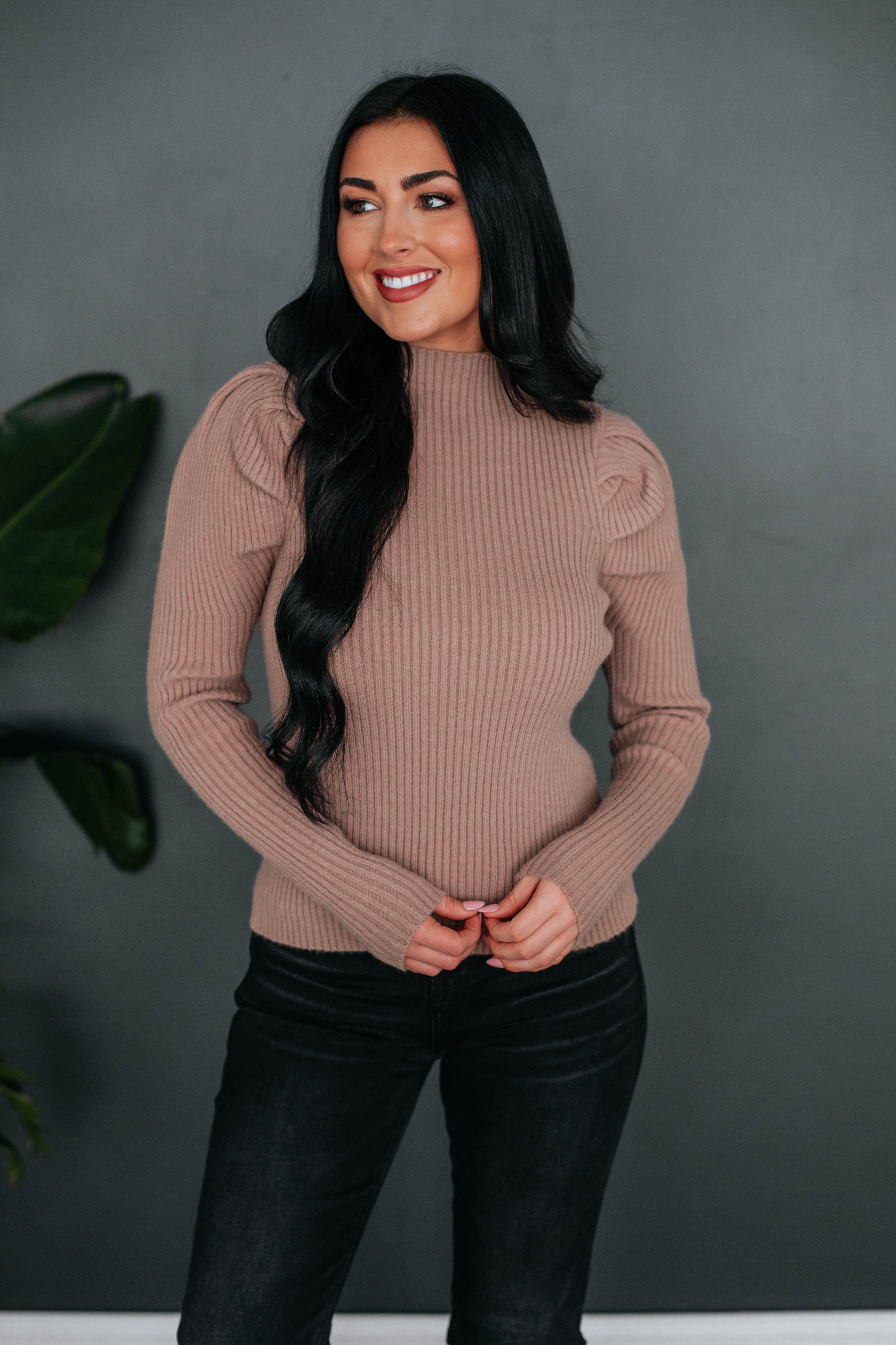 Mocha Mock Neck Cozy Pullover with Side Slits main image 1