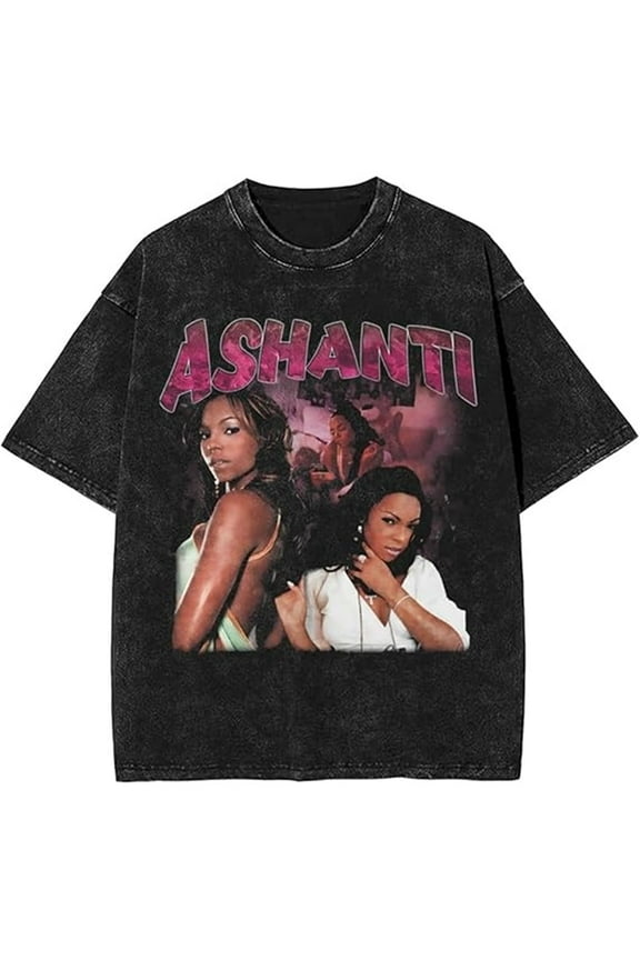 Ashanti Merch Retro 90s casual style washed short sleeved T-shirt for men and women, fashionable top