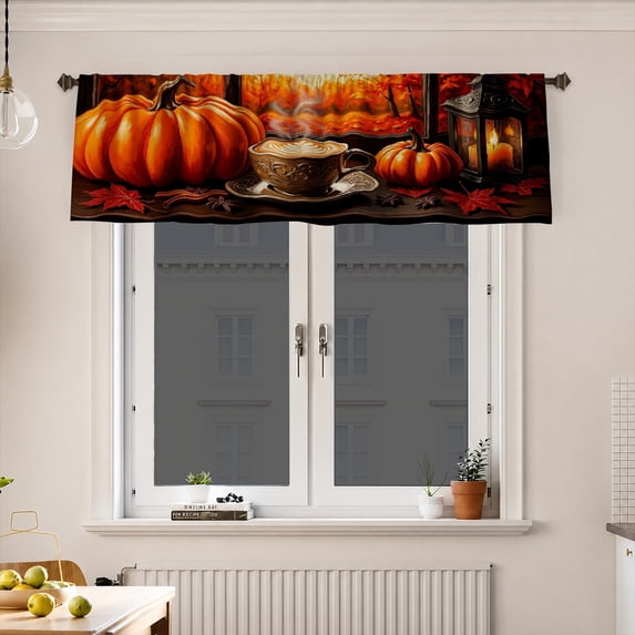 AshasdS Autumn Pumpkin Coffee Cup Window Valance Thanksgiving Harvest Maple Leaves Curtain for Kitchen