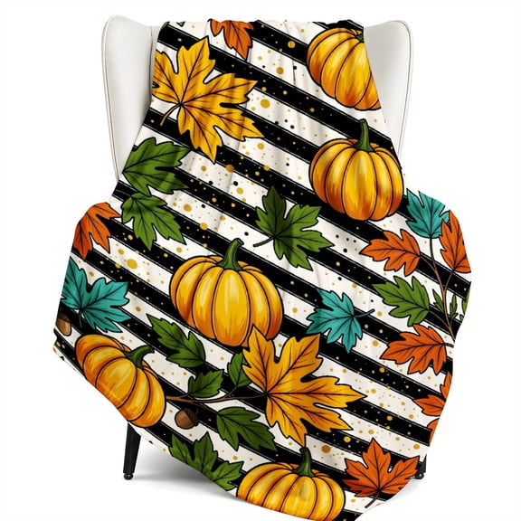 AshasdS Autumn Pumpkins Maple Leaves Stripes Flannel Throw Blanket Soft Warm Cozy Fleece Blanket Thanksgiving Fall Decor Couch