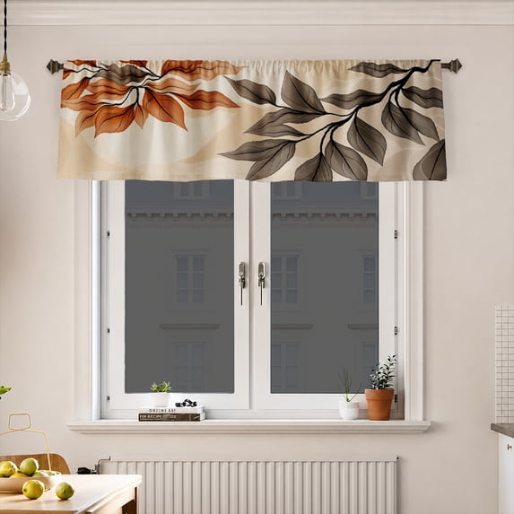 AshasdS Brown & Beige Leaf Pattern Window Valance Rod Pocket Kitchen Curtain for Living Room Bedroom Decoration