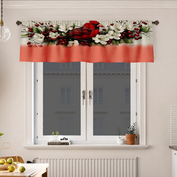 AshasdS Cardinal Christmas Window Valance, Red Bird Holly Berry and Floral Pattern Short Curtain for Kitchen Living Room Bedroom Holiday Winter Decor