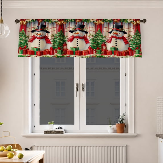 AshasdS Christmas Snowmen in Window Frame Valance Winter Holiday Short Curtain Rod Pocket for Kitchen Room