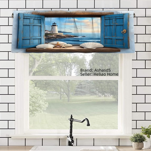 AshasdS Coastal Lighthouse Polyester Window Valance Curtain with Blue Shutters for Home Kitchen Living Room Bedroom Bathroom Decor 54x18 inch